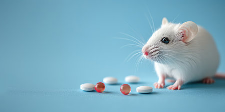 White laboratory mouse and pills on a blue background, concept for testing new drugs. Copy space for textの素材