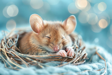 Funny little mouse sleeping in nest on a blue backgroundの素材