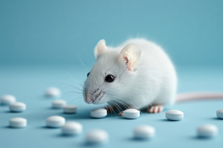White laboratory mouse and pills on a blue background, concept for testing new drugsの素材