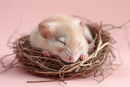 Funny mouse sleeping in nest on a pink backgroundの素材