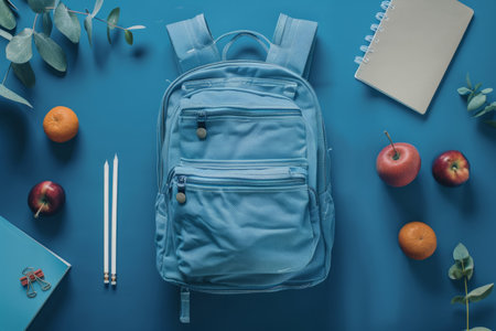 School backpack with stationery flat layの素材