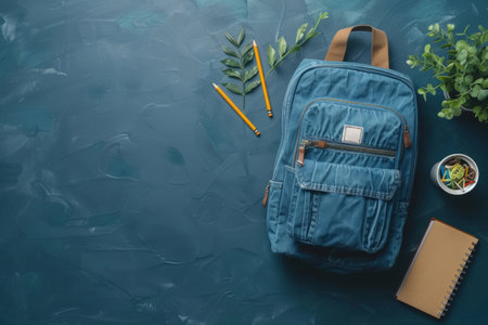 School backpack with stationery flat lay top viewの素材