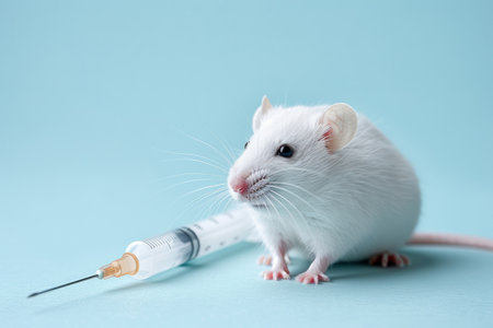 White laboratory mouse and syringe with medicine on a blue background, concept for testing new drugs. Copy space for textの素材