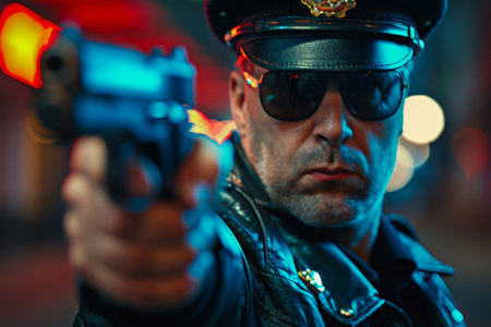 police officer cop pointing the gun to a criminalの素材