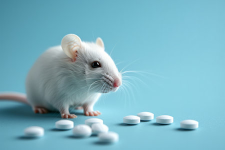 White laboratory mouse and pills on a blue background, concept for testing new drugsの素材