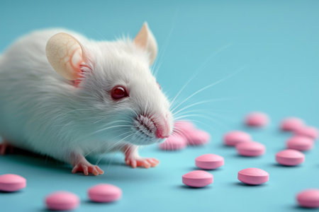 White laboratory mouse and pills on a blue background, concept for testing new drugsの素材