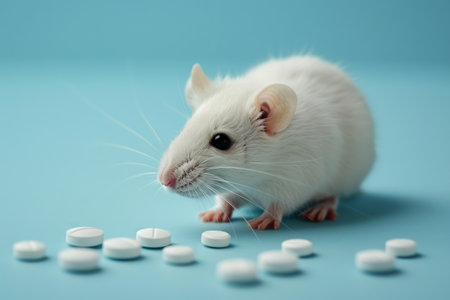 White laboratory mouse and pills on a blue background, concept for testing new drugsの素材