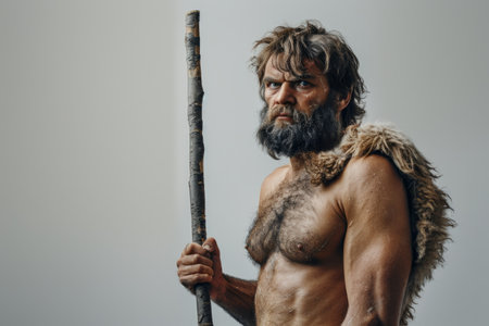 caveman, primitive man with spear stickの素材