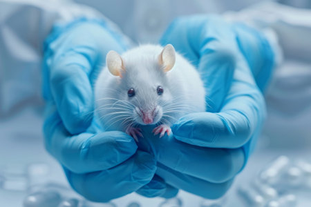 White mouse in the hands of a researcher in the laboratoryの素材
