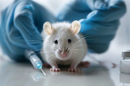 white laboratory rat mouse in hands of a scientistの素材
