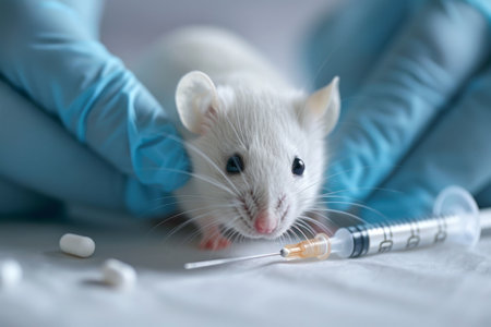 white laboratory rat mouse in hands of a scientistの素材