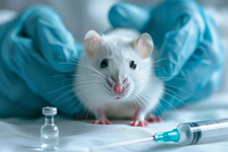 White mouse in the hands of a laboratory assistant for scientific experimentsの素材