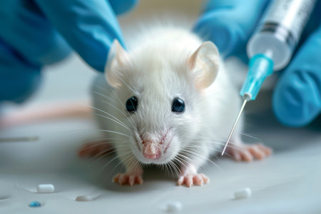 white laboratory rat mouse in hands of a scientistの素材