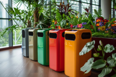 Garbage in colored trash cans, sorted conceptの素材