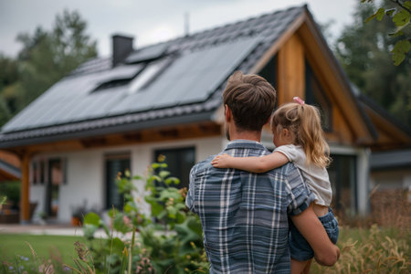 dad with little daughter in front of house with solar panels on the roofの素材