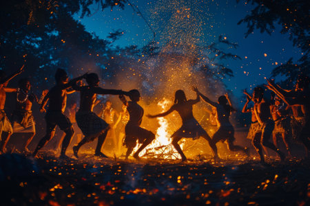 cavemen dance around the fire ritualの素材