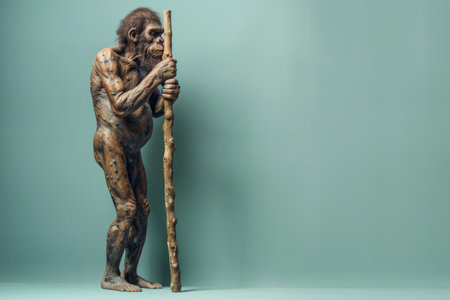 Primitive ancient man with a spear, evolution concept. Copy space for textの素材