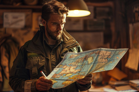 Military officer organizes a tactical mission near military mapの素材