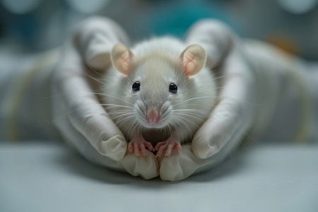 Laboratory mouse in the hands of a laboratory assistantの素材