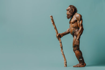 Primitive ancient man with a spear, evolution concept. Copy space for textの素材