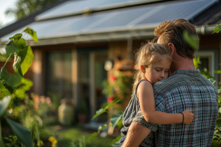 dad with little daughter in front of house with solar panels on the roofの素材