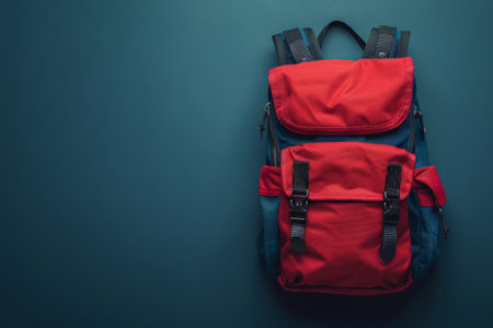 School backpack on a dark blue background. Copy space for textの素材