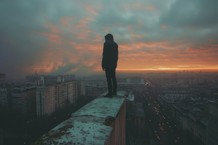 Depressed teenager on the edge of the roof.の素材