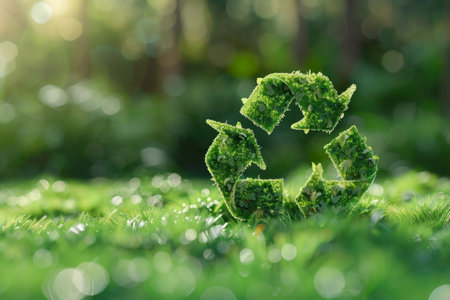 Recycled sign on natural background of green grass and leavesの素材