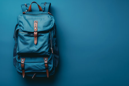 School backpack on a dark blue background. Copy space for textの素材