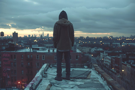 Depressed person on roof planning suicideの素材