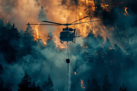 fire helicopter extinguishes a forest fireの素材