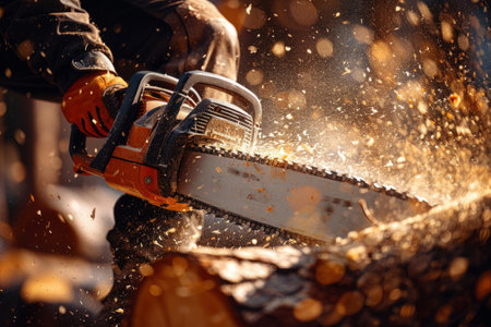 Lumberjack with chainsaw cutting logの素材