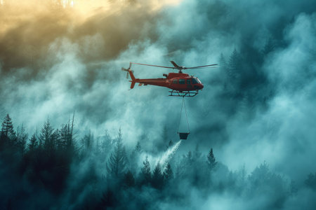 Fire fighting helicopter with water bucket over forest fireの素材