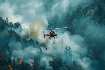 Firefighter helicopter with a bucket of water in the smokeの素材