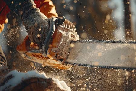 Man lumberjack sawing a log with a chainsawの素材