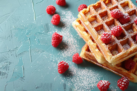 baked homemade Belgium waffles with berriesの素材