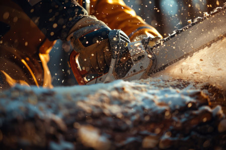 Lumberjack with chainsaw cutting logの素材