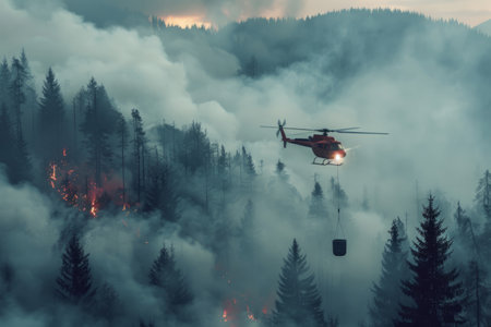 Firefighter helicopter with a bucket of water in the smokeの素材