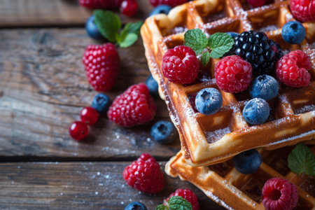belgium waffles with berries closeup on wooden tableの素材
