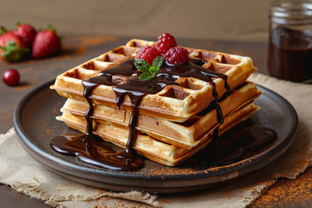 Fresh baked Belgian waffles drizzled with chocolate sauceの素材