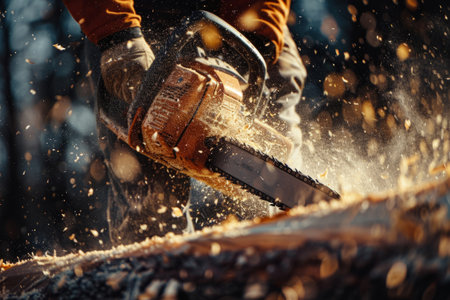 Man lumberjack sawing a log with a chainsawの素材