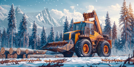 Log loader on loading wood in drawing styleの素材