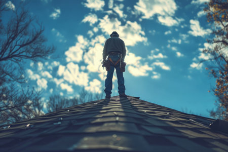 Man roofer repairman repairing roofの素材