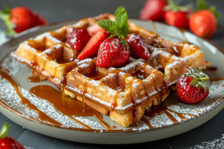 Fresh baked Belgium waffles with strawberries and syrupの素材