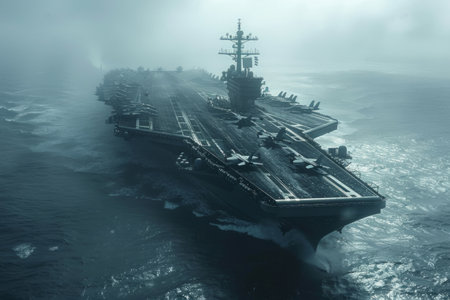 Military nuclear powered aircraft carrier in blue ocean seaの素材