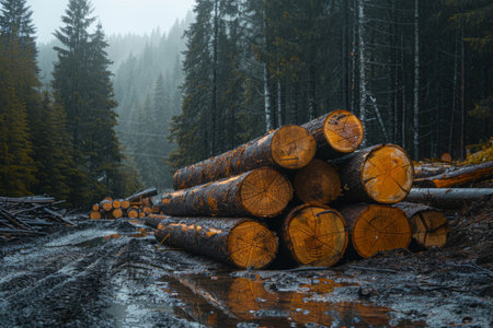 Stack of logs in the forest, felling of treesの素材
