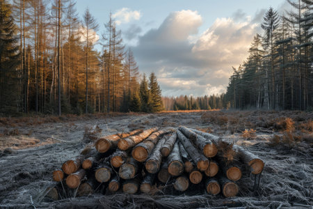 stacked felled logs in the forestの素材