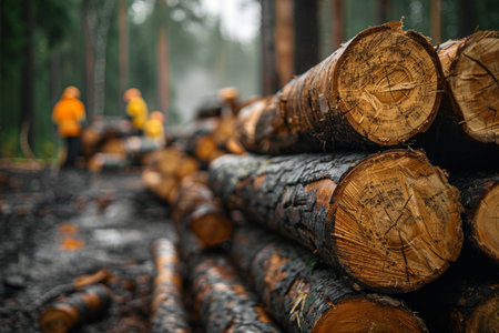 Cut down logs in the forest close upの素材