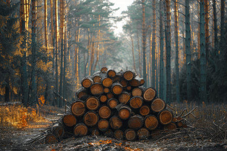 Sawn logs in the forest, wood harvestingの素材
