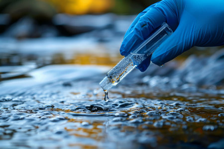 hand of a scientific laboratory assistant takes a water sample in the river.の素材